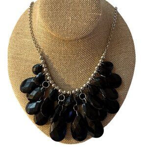 Elegant Faceted Black Teardrop Necklace Silver Tone Statement Costume Jewelry